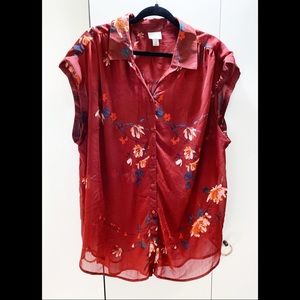 Red Floral Button-up Blouse